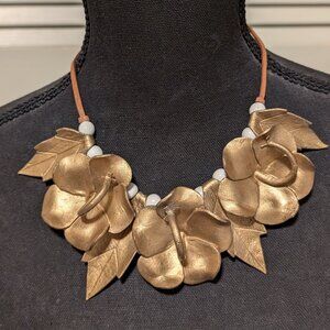 Vintage Gold Leather Flower Necklace